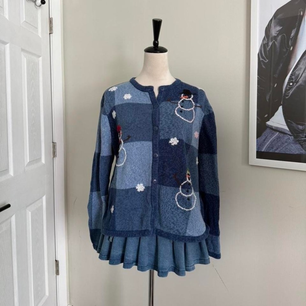 Vintage hand embroidered blue and white patchwork cardigan with snowflake